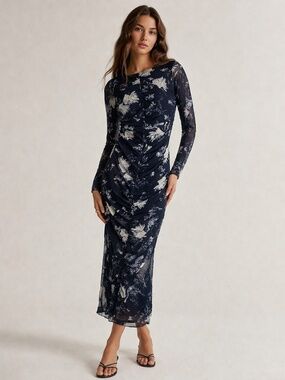 NEW Abercrombie & Fitch Midi Dress Floral Small Blue White Ruched Mesh